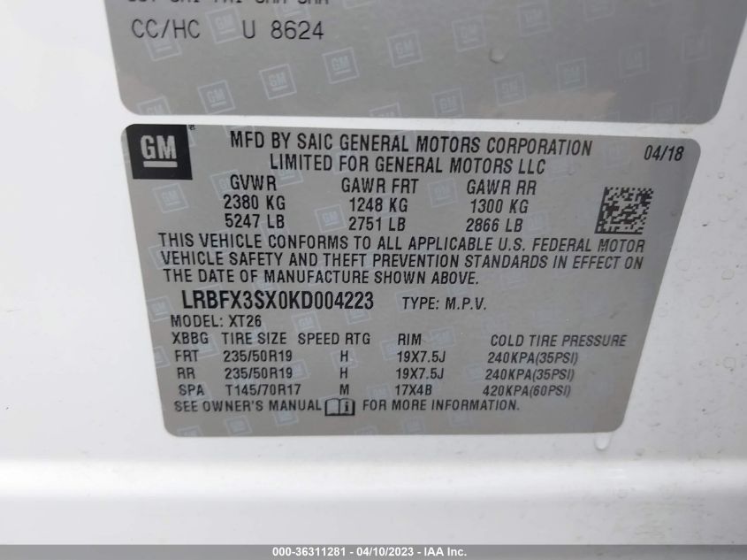 2019 BUICK ENVISION PREMIUM - LRBFX3SX0KD004223