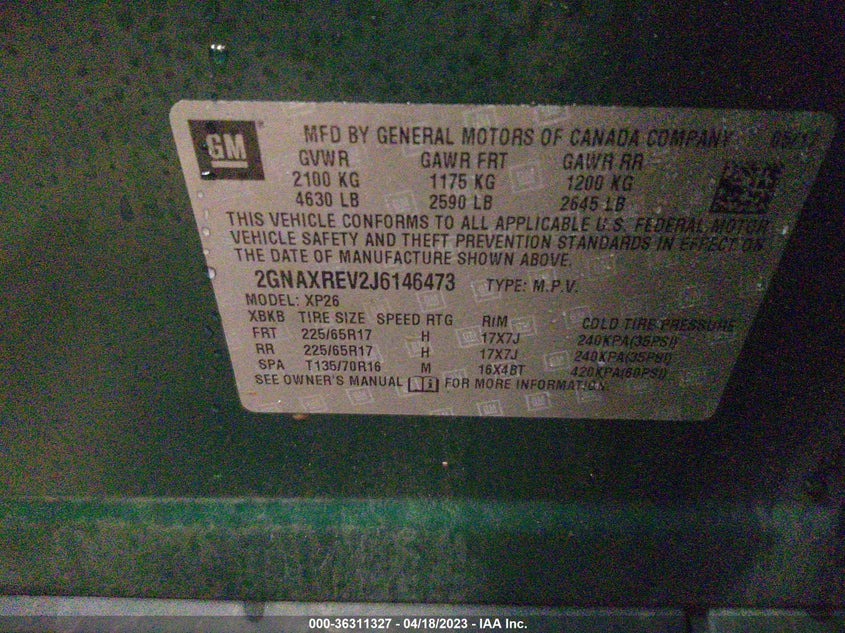 VIN 2GNAXREV2J6146473 2018 CHEVROLET EQUINOX LS