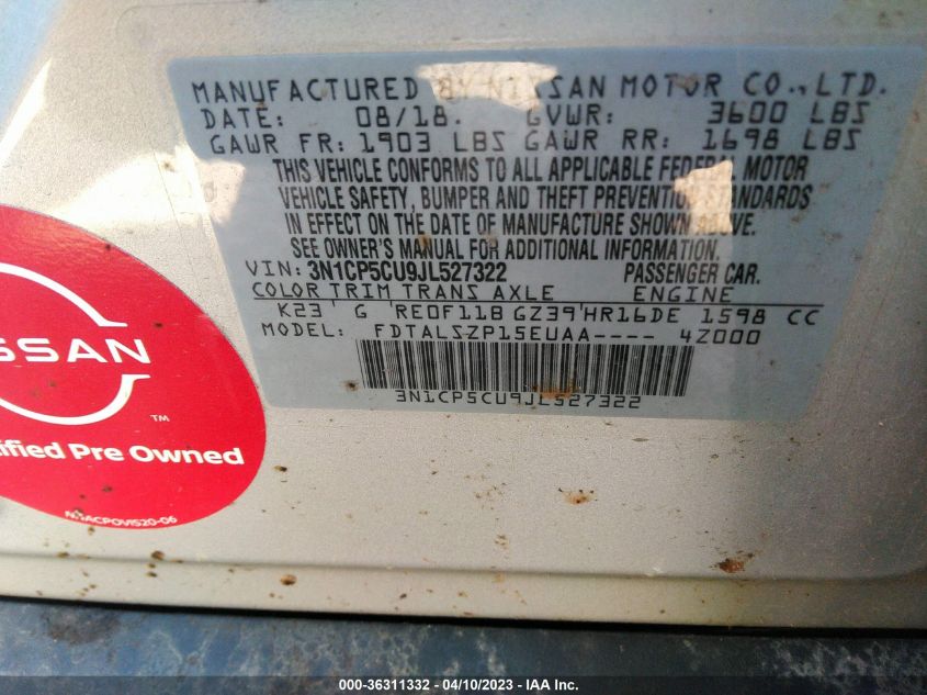 2018 NISSAN KICKS SV - 3N1CP5CU9JL527322
