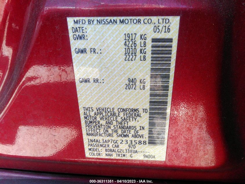 2016 NISSAN ALTIMA 2.5 SL - 1N4AL3AP7GC233588