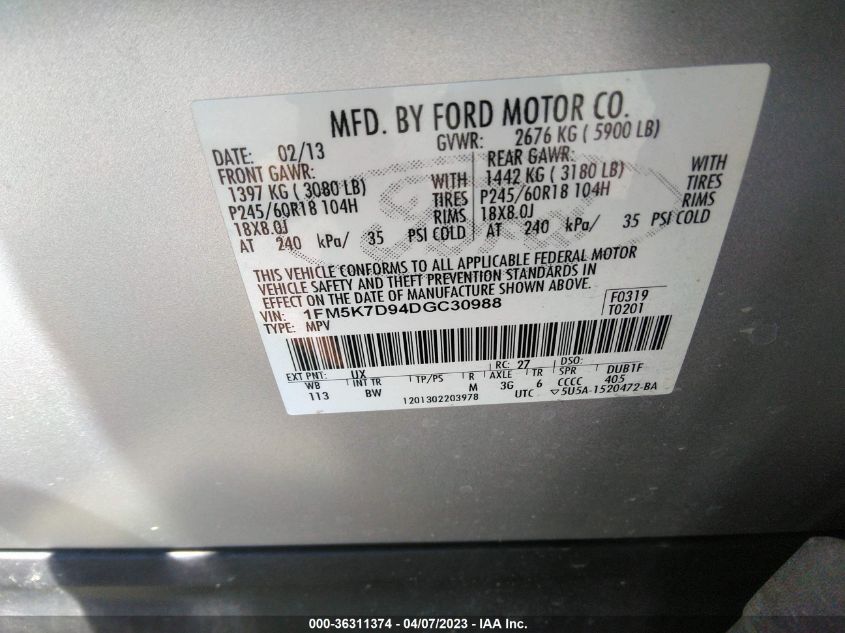 2013 FORD EXPLORER XLT - 1FM5K7D94DGC30988