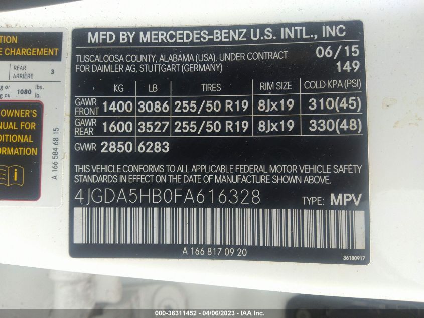 2015 MERCEDES-BENZ M-CLASS ML 350 - 4JGDA5HB0FA616328