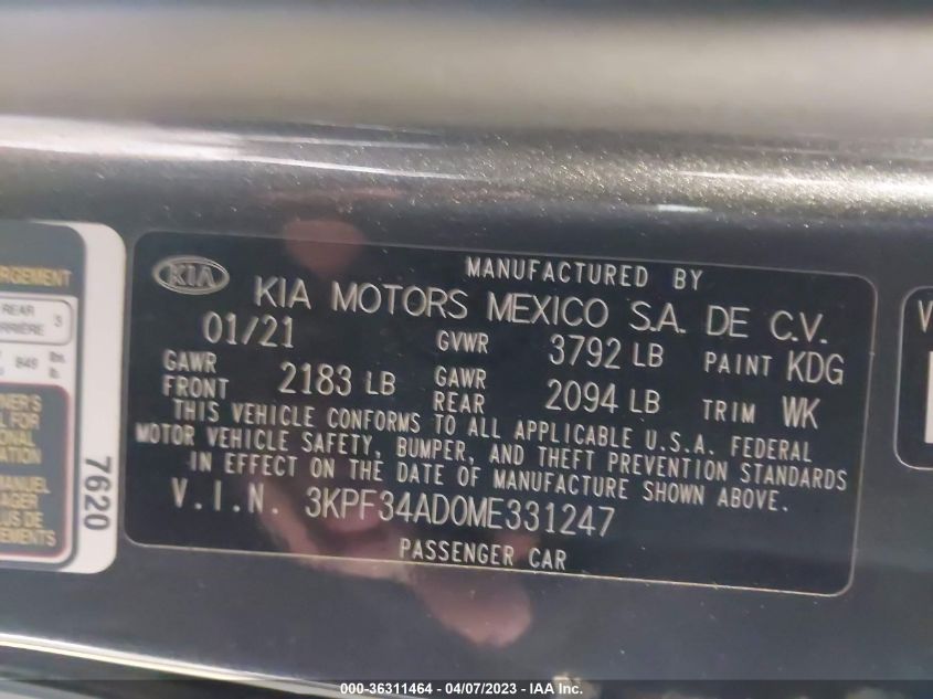 2021 KIA FORTE GT-LINE - 3KPF34AD0ME331247