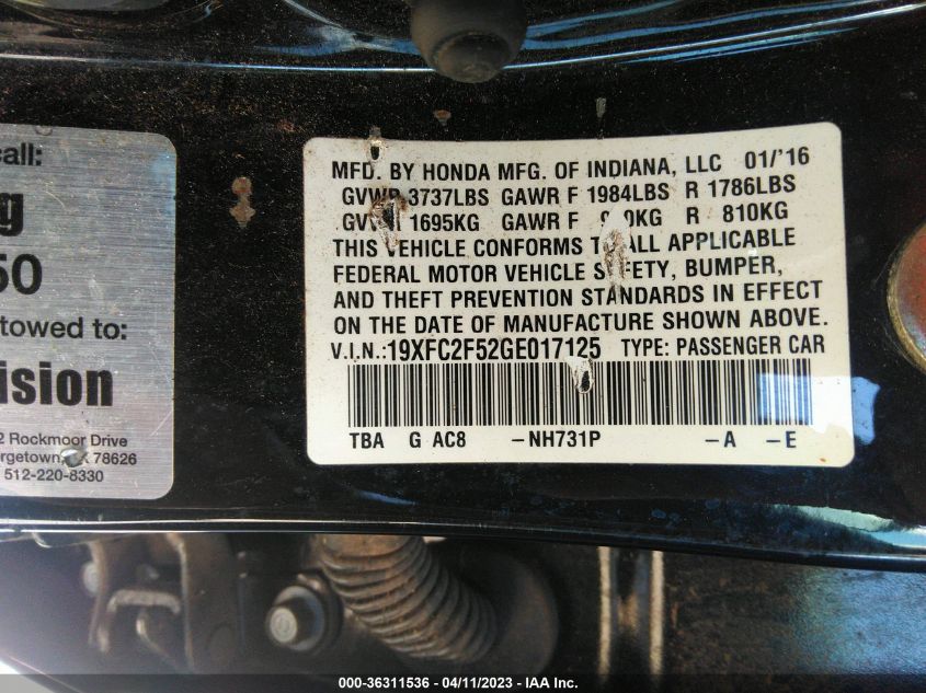 2016 HONDA CIVIC SEDAN LX - 19XFC2F52GE017125