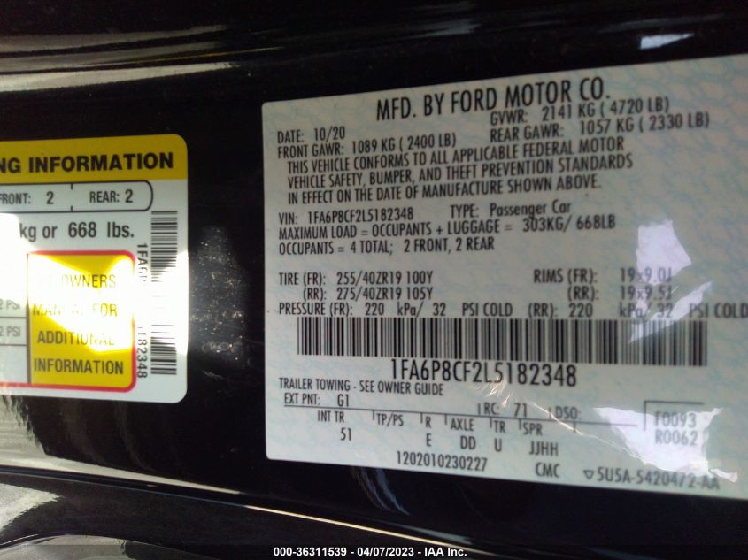 2020 FORD MUSTANG GT - 1FA6P8CF2L5182348