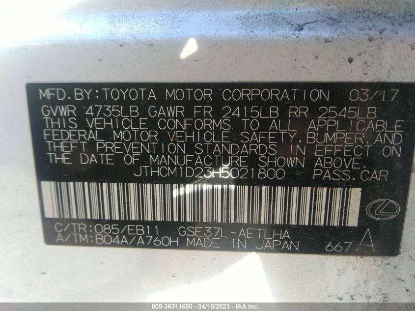 2017 LEXUS IS IS 300 - JTHCM1D23H5021800