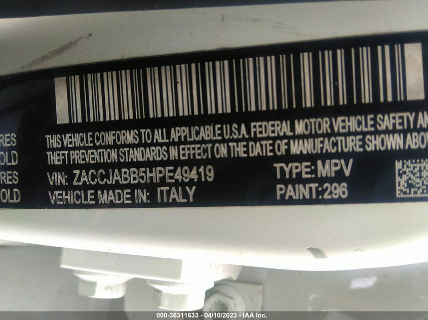 VIN ZACCJABB5HPE49419 2017 JEEP RENEGADE LATITUDE