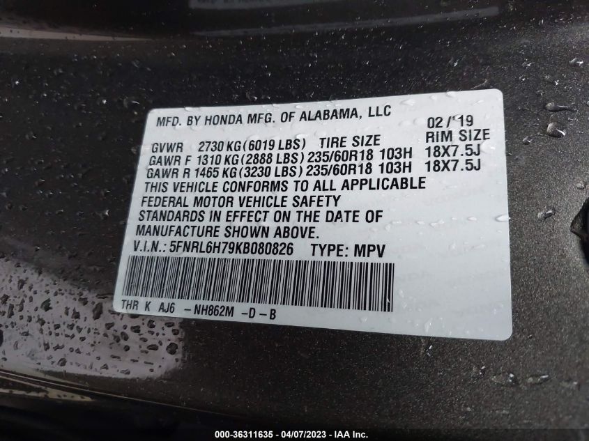 2019 HONDA ODYSSEY EX-L - 5FNRL6H79KB080826