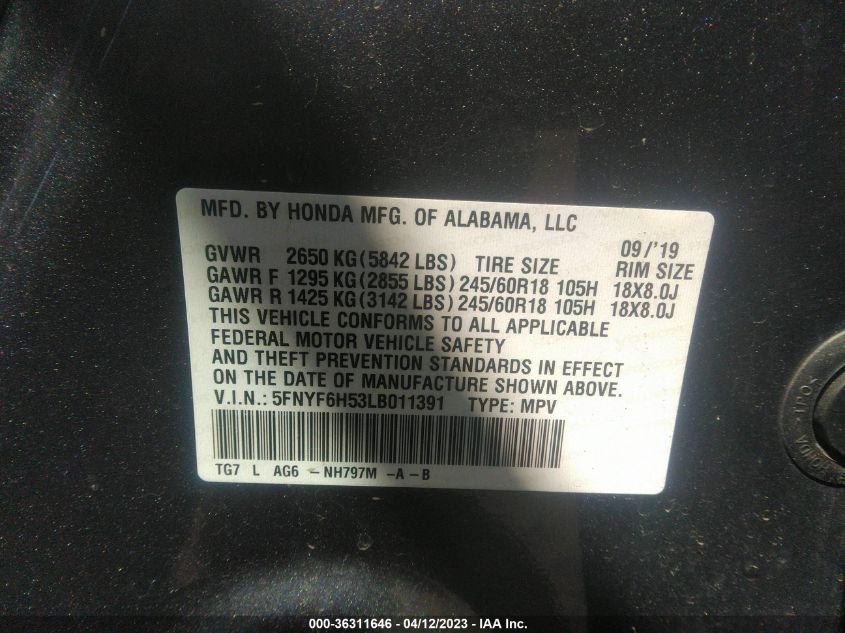 2020 HONDA PILOT EX-L - 5FNYF6H53LB011391