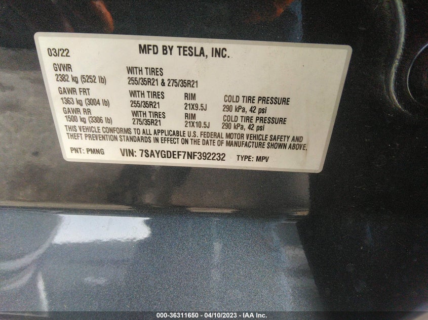 VIN 7SAYGDEF7NF392232 2022 TESLA MODEL Y PERFORMANCE