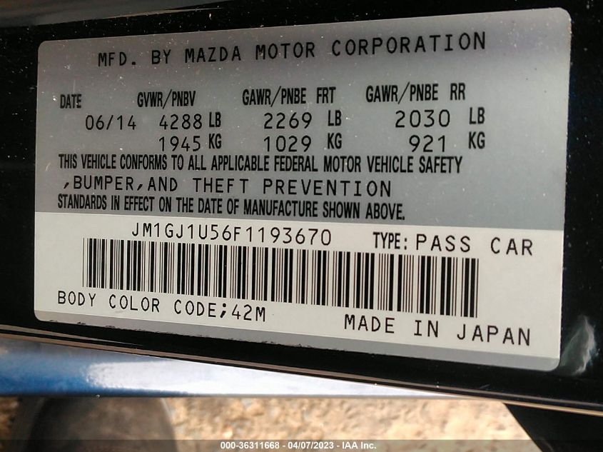 2015 MAZDA MAZDA6 I SPORT - JM1GJ1U56F1193670