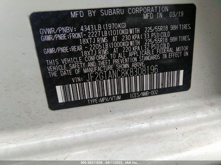 2019 SUBARU CROSSTREK LIMITED - JF2GTANC8K8308196