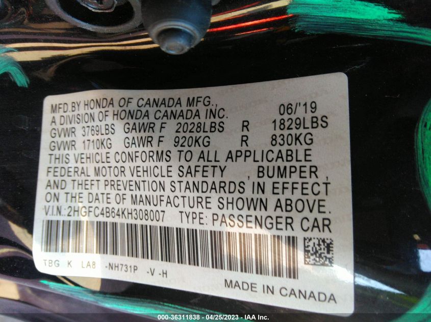 2019 HONDA CIVIC COUPE LX - 2HGFC4B64KH308007