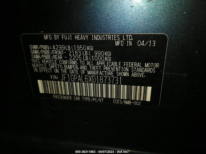 2013 SUBARU IMPREZA WAGON 2.0I SPORT PREMIUM - JF1GPAL6XD1873731