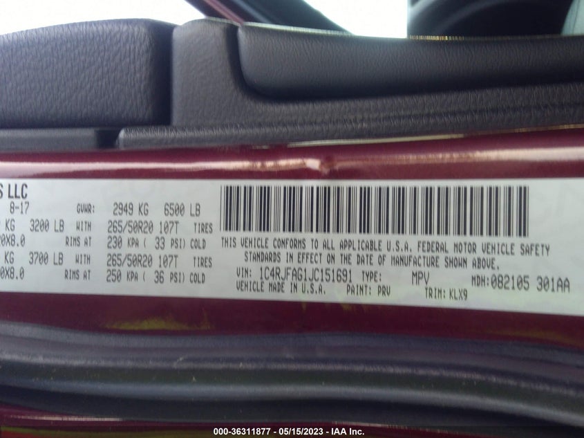 VIN 1C4RJFAG1JC151691 2018 JEEP GRAND CHEROKEE ALTITUDE