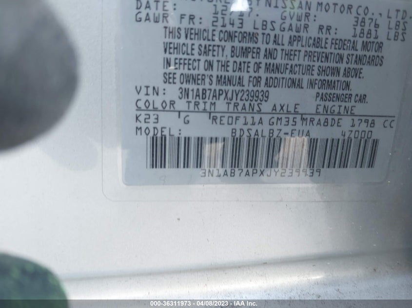 VIN 3N1AB7APXJY239939 2018 NISSAN SENTRA S