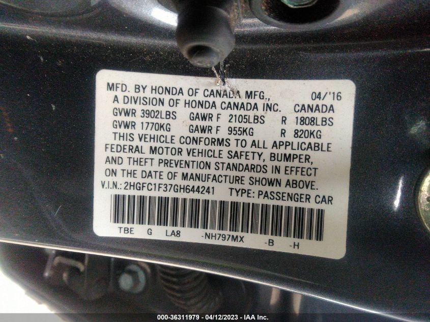 2016 HONDA CIVIC SEDAN EX-T - 2HGFC1F37GH644241