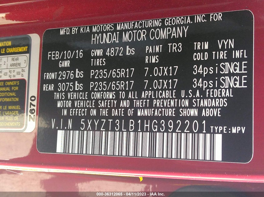 VIN 5XYZT3LB1HG392201 2017 HYUNDAI SANTA FE SPORT 2.4L