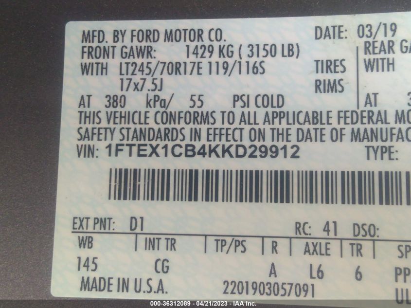 2019 FORD F-150 XL/XLT - 1FTEX1CB4KKD29912