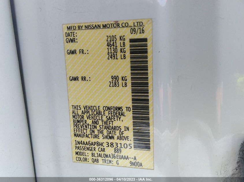 2017 NISSAN MAXIMA S - 1N4AA6AP8HC383105