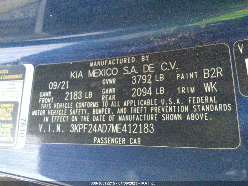 2021 KIA FORTE LXS - 3KPF24AD7ME412183