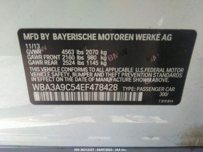 2014 BMW 3 SERIES 335I - WBA3A9C54EF478428