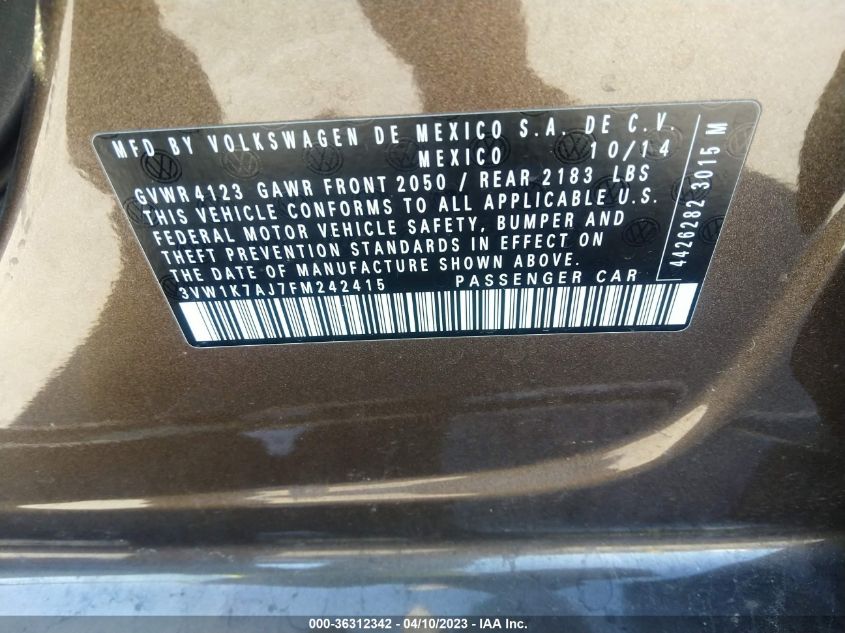 2015 VOLKSWAGEN JETTA SEDAN 2.0L S - 3VW1K7AJ7FM242415