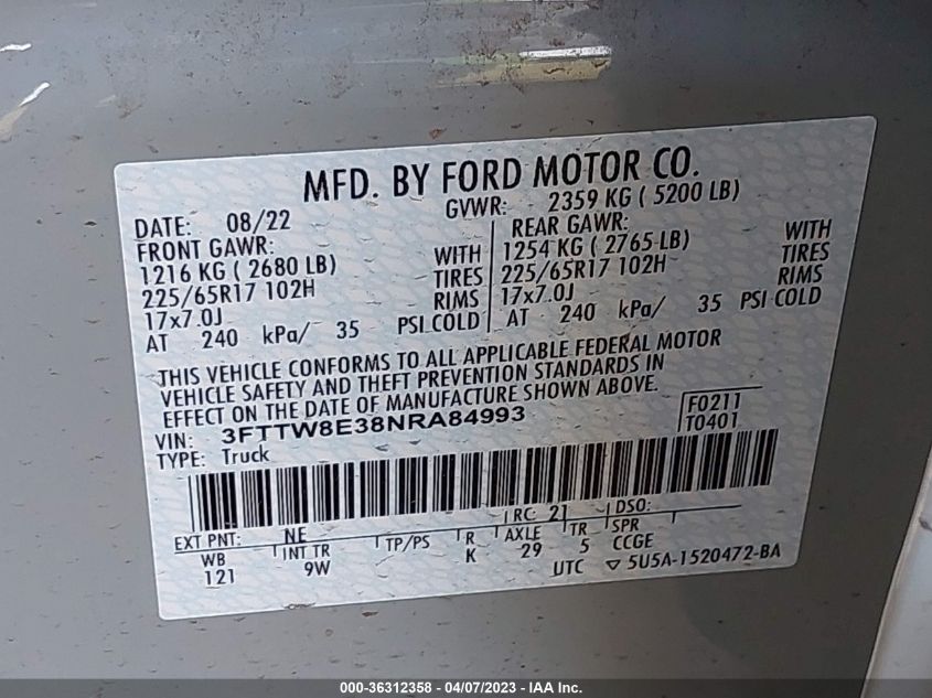 2022 FORD MAVERICK XL/XLT/LARIAT 3FTTW8E38NRA84993