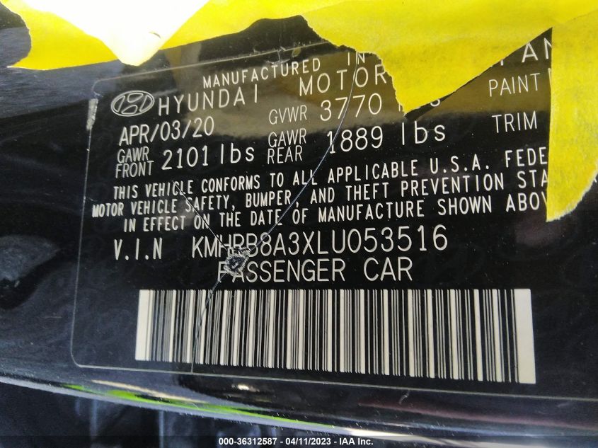 2020 HYUNDAI VENUE SE - KMHRB8A3XLU053516