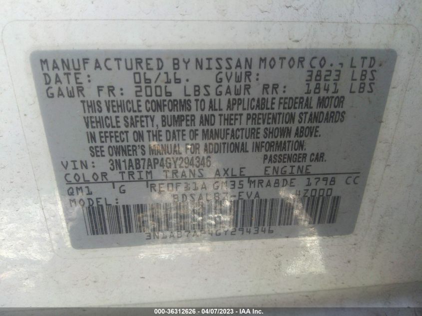 2016 NISSAN SENTRA SR/SL/S/SV/FE+ S - 3N1AB7AP4GY294346