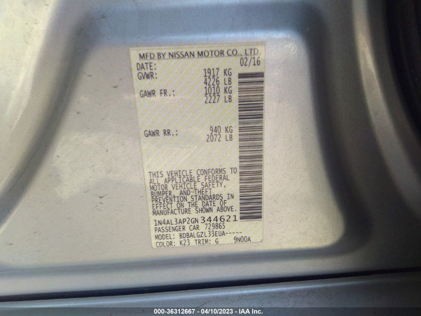 2016 NISSAN ALTIMA 2.5 - 1N4AL3AP2GN344621