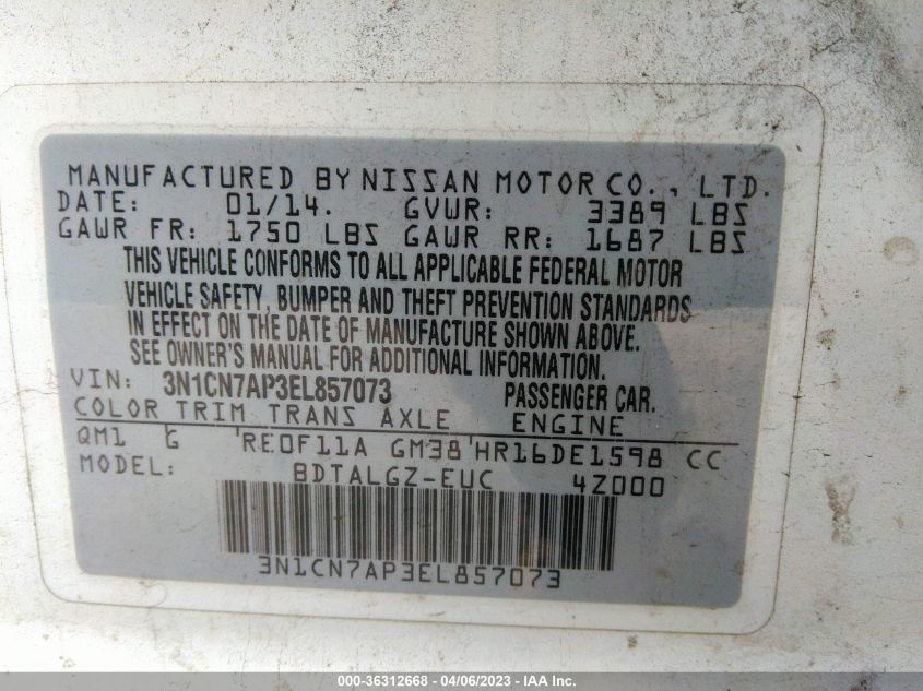 2014 NISSAN VERSA SL - 3N1CN7AP3EL857073