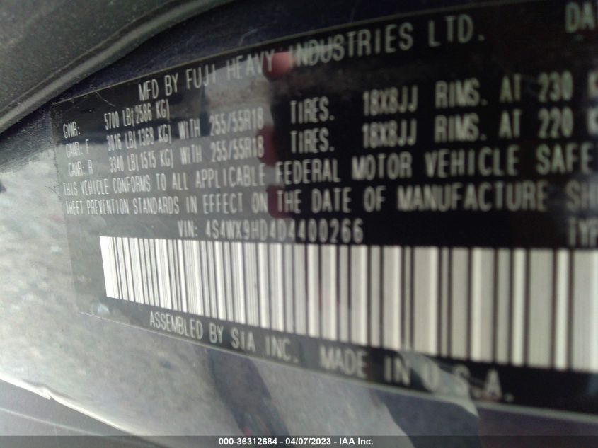 2013 SUBARU TRIBECA LIMITED 4S4WX9HD4D4400266