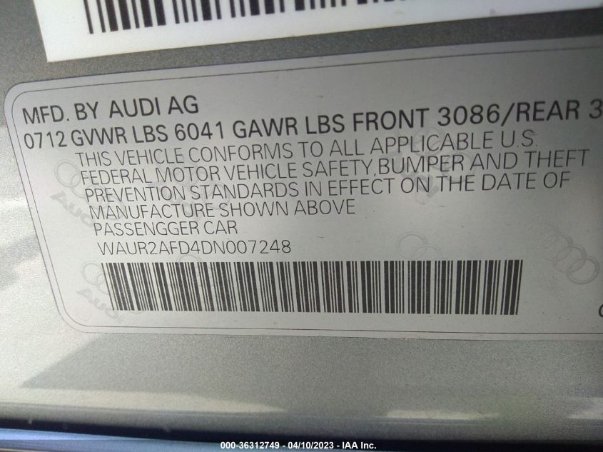2013 AUDI A8 L 4.0L WAUR2AFD4DN007248