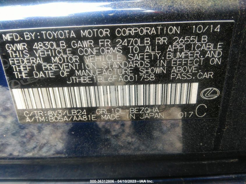 2015 LEXUS GS 350 - JTHBE1BL6FA001758