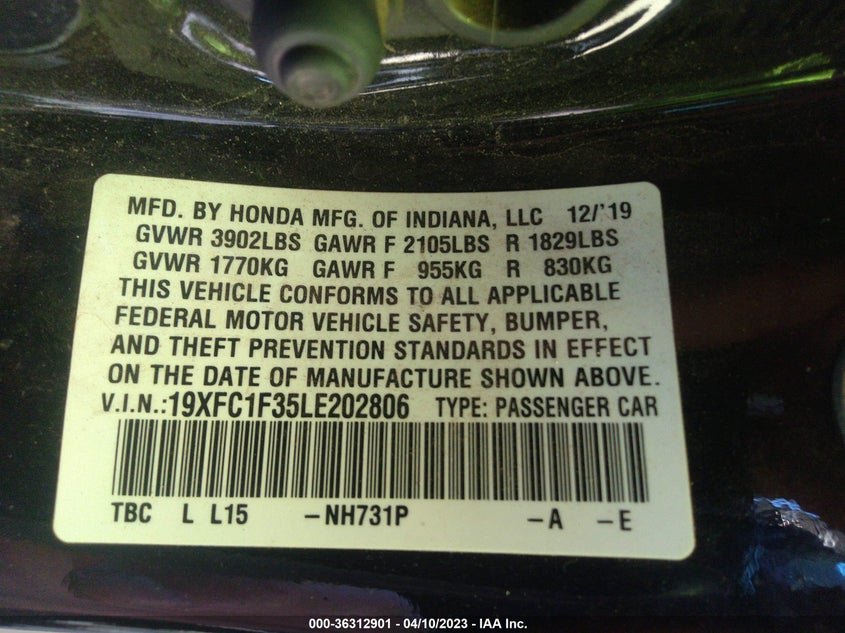 VIN 19XFC1F35LE202806 2020 HONDA CIVIC SEDAN EX