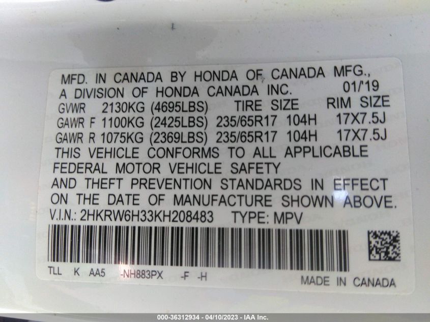 2019 HONDA CR-V LX - 2HKRW6H33KH208483