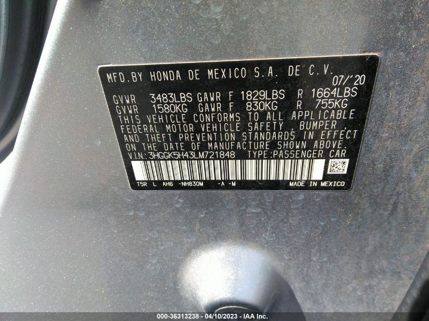 2020 HONDA FIT LX - 3HGGK5H43LM721848