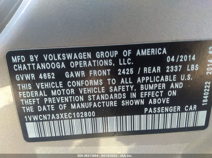 2014 VOLKSWAGEN PASSAT TDI SEL PREMIUM - 1VWCN7A3XEC102800