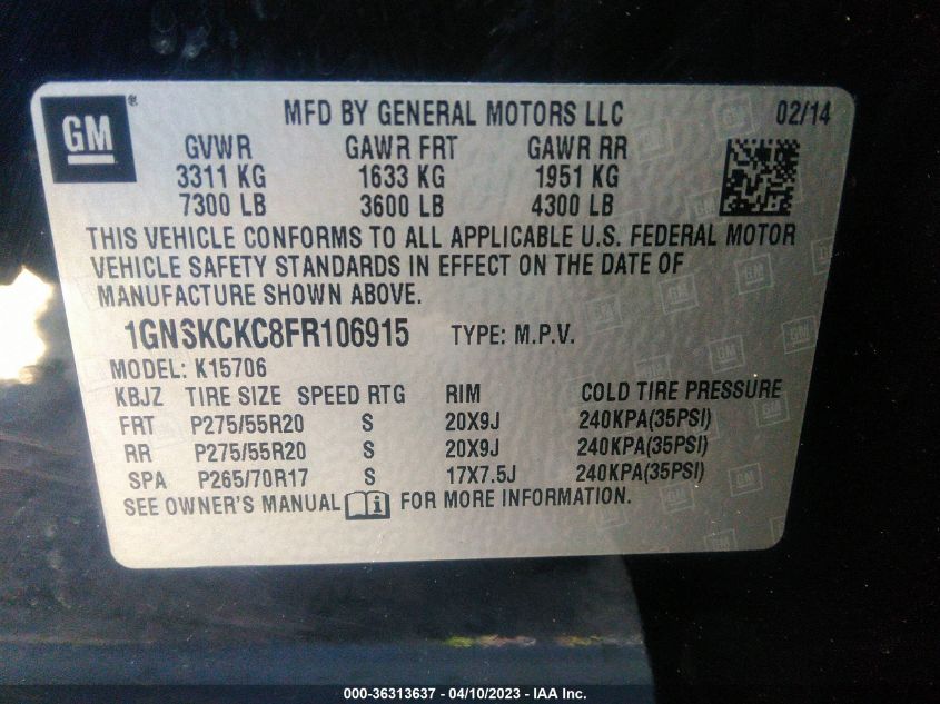2015 CHEVROLET TAHOE LTZ - 1GNSKCKC8FR106915