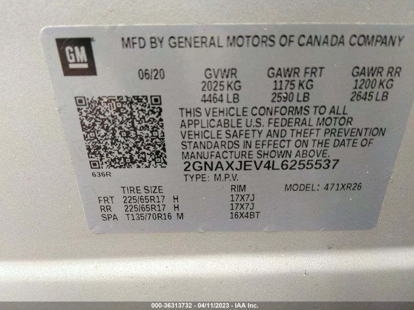 2020 CHEVROLET EQUINOX LT - 2GNAXJEV4L6255537