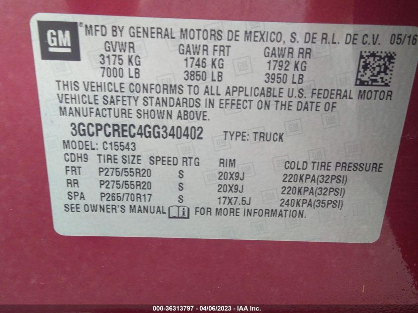 2016 CHEVROLET SILVERADO 1500 LT - 3GCPCREC4GG340402