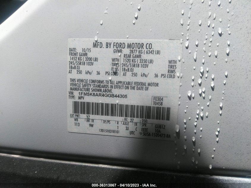 2016 FORD UTILITY POLICE 1FM5K8AR4GGB44305