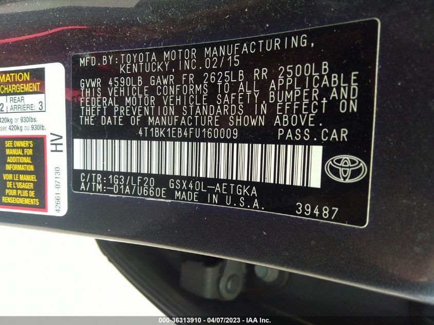 2015 TOYOTA AVALON LIMITED - 4T1BK1EB4FU160009