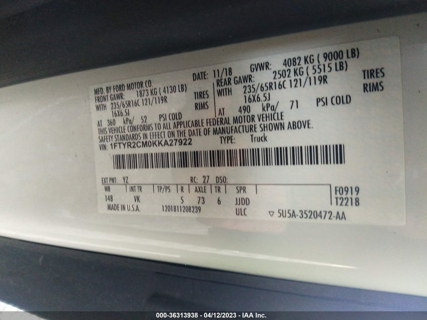 VIN 1FTYR2CM0KKA27922 2019 FORD TRANSIT VAN