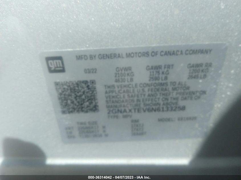 2022 CHEVROLET EQUINOX LT - 2GNAXTEV6N6133258