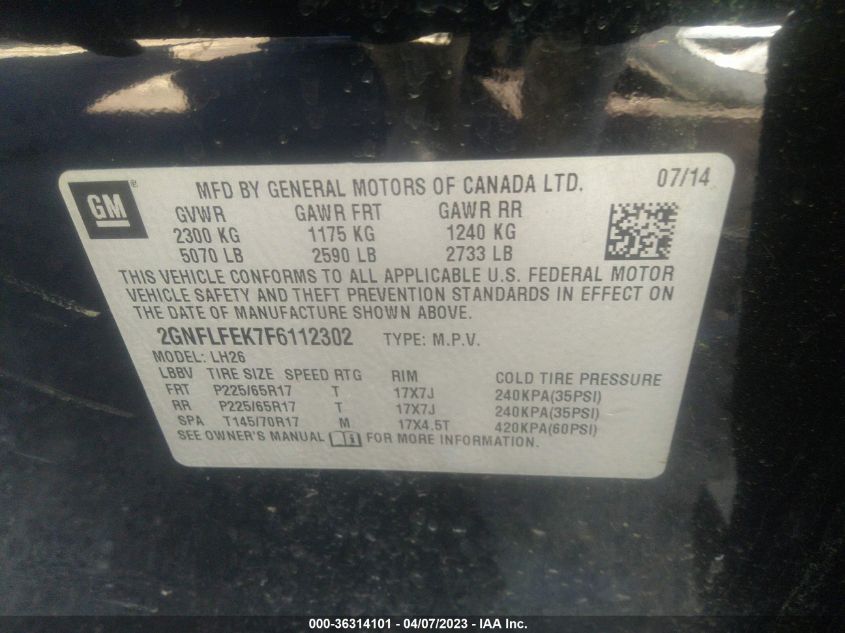 2015 CHEVROLET EQUINOX LT - 2GNFLFEK7F6112302