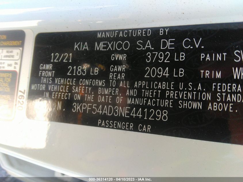 2022 KIA FORTE GT-LINE - 3KPF54AD3NE441298