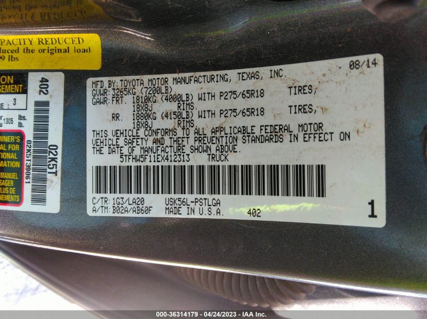 2014 TOYOTA TUNDRA 4WD TRUCK LTD - 5TFHW5F11EX412313