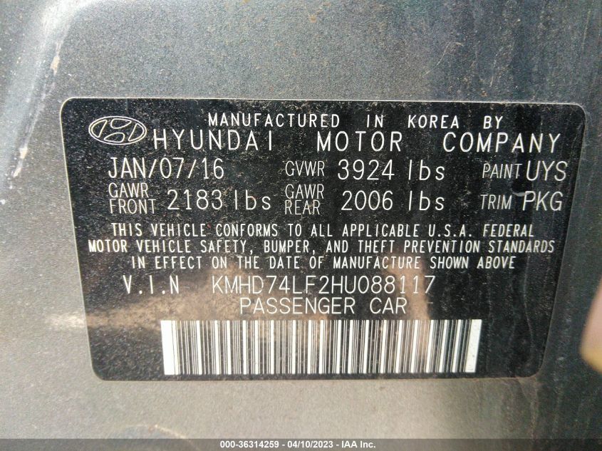 2017 HYUNDAI ELANTRA SE - KMHD74LF2HU088117